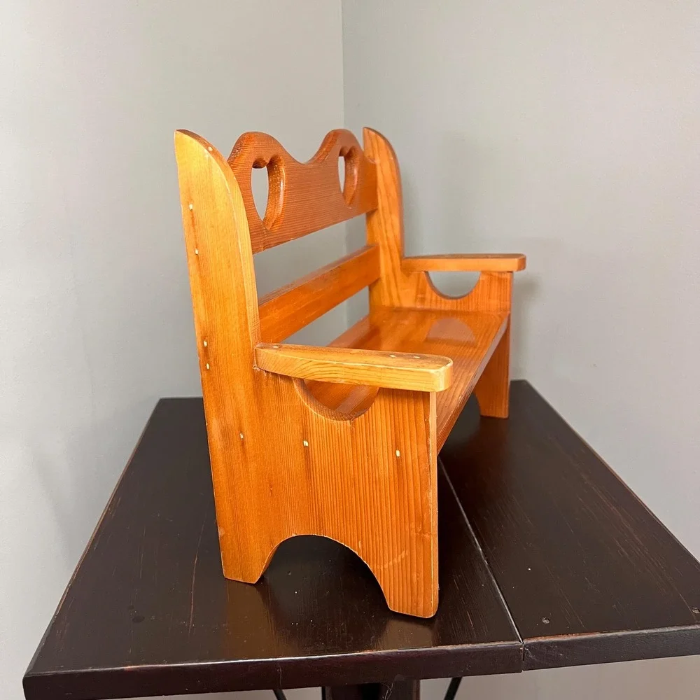Vtg Pine Children's Doll Bench with Heart Cutouts Rustic Country Shelf Decor